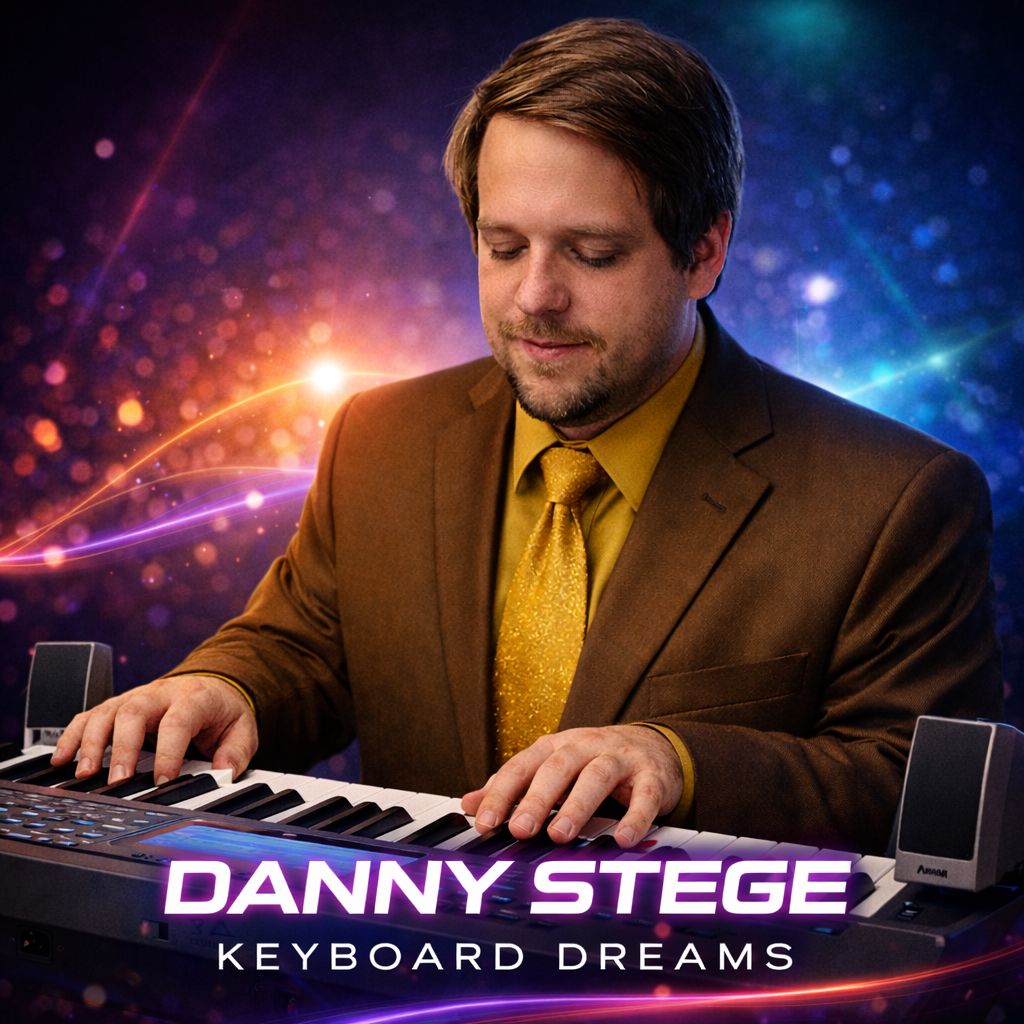 Cover-Beschreibung: Danny Stege im braunen Anzug mit goldener Krawatte spielt Keyboard vor einem farbigen, kosmisch wirkenden Hintergrund; unten steht „DANNY STEGE“ und „KEYBOARD DREAMS“.